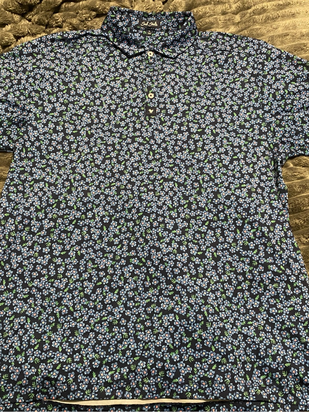 Bad Birdie Floral Print Polo Shirt - Navy with Blue & Green Accents